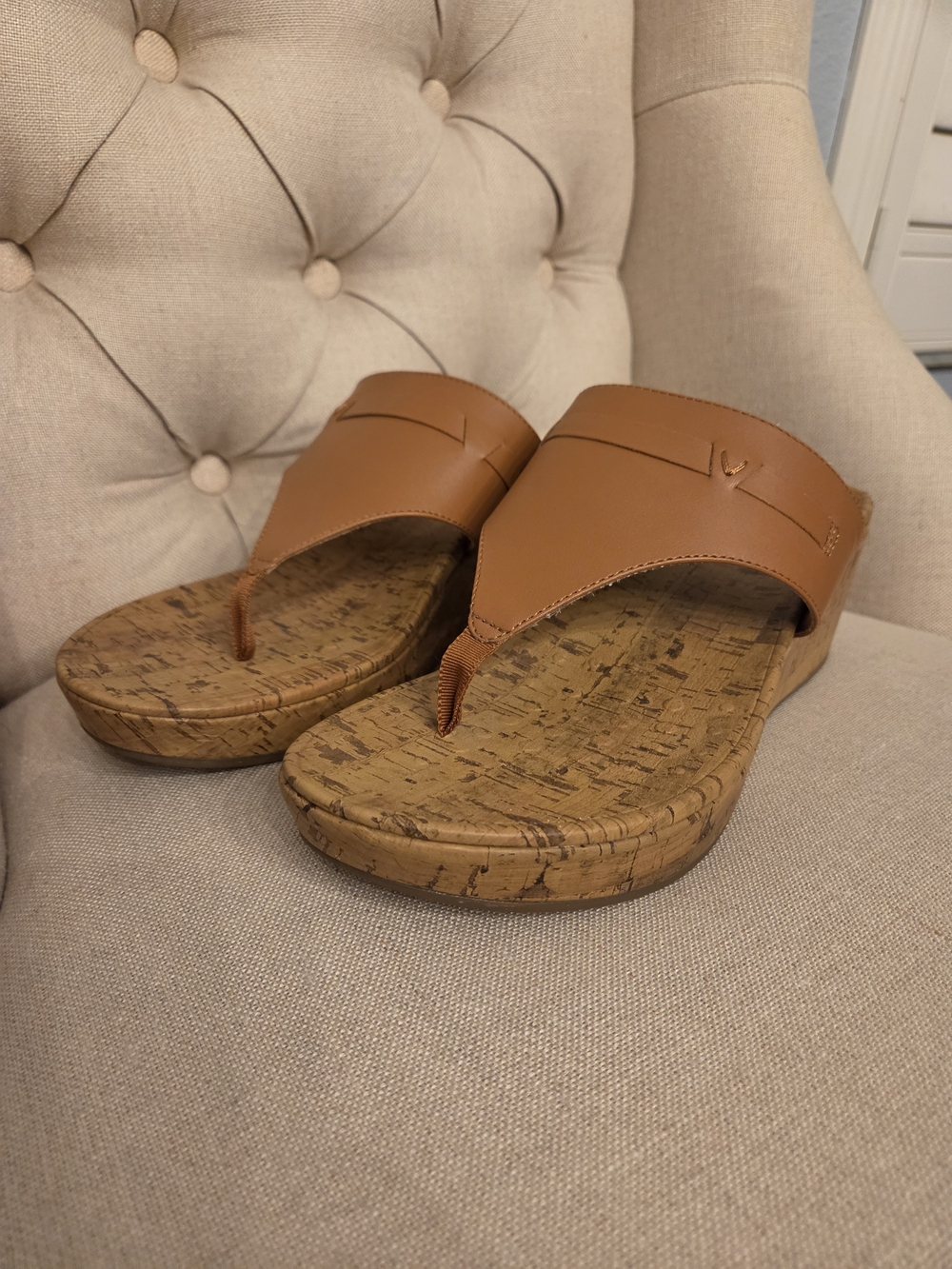 Vionic Tan Cork Wedge Thong Sandals